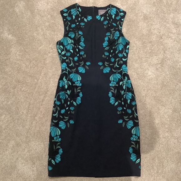 Lela Rose Vine Embroidered Sheath Dress in Navy Blue with Teal, Size 6 - Picture 9 of 14